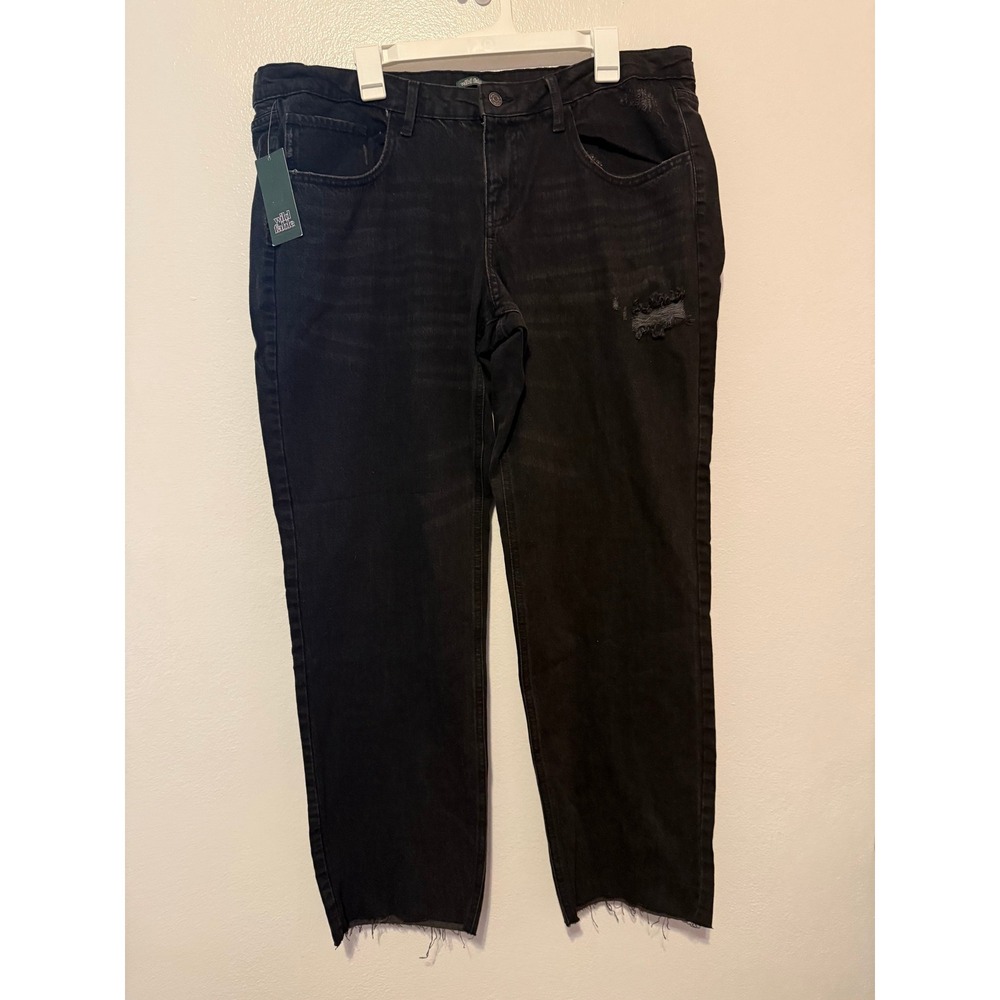 Wild Fable Womens Mid-Rise Straight Leg Distressed Black Jeans Raw Hem 16/32"